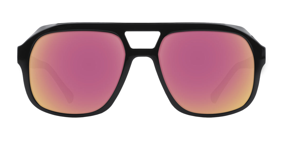 Front close-up of Gaia sunglasses showing glossy black large aviator frame with triangular double bridge and rose-pink mirrored prescription lenses on white background