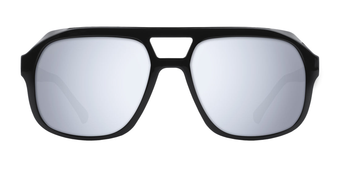 Front view of Gaia prescription sunglasses showcasing glossy black oversized aviator frame with triangular double bridge on white background