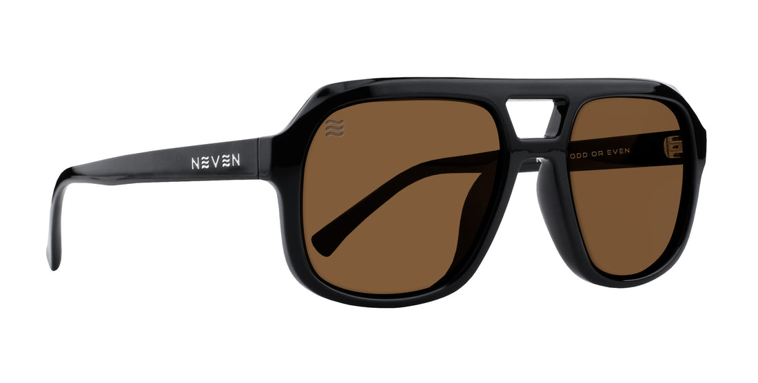 Angled view of Gaia polarized sunglasses showcasing black rectangular frames and brown lenses against a white background