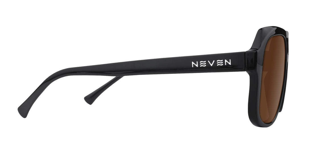 Side view of Gaia prescription sunglasses showcasing glossy black temple with Neven logo and brown lens on white background