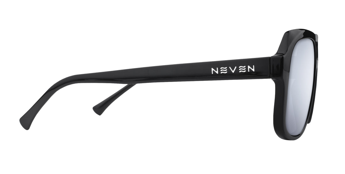 Right side view of Gaia prescription sunglasses showing glossy black temple with Neven logo and silver mirrored lens on white background