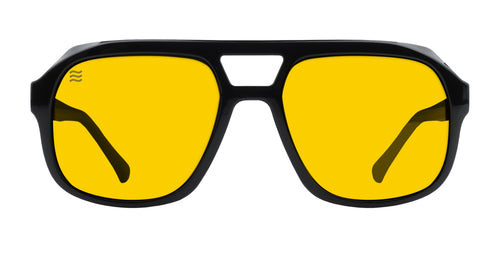 Black sunglasses with yellow lenses, front view.