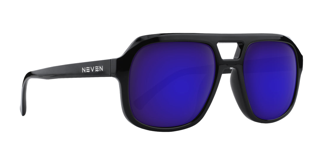 Close-up of Helios prescription sunglasses with black gloss aviator frame, purple mirrored lenses on white background