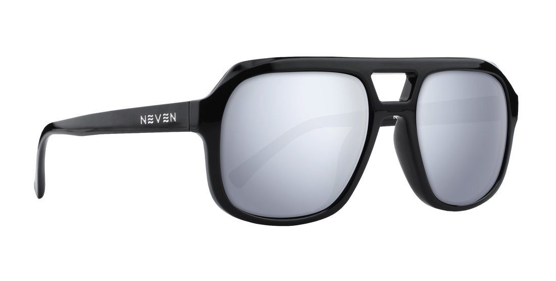 Right close up of Helios Rx sunglasses showing gloss black aviator frame, silver mirrored lenses and Neven logo