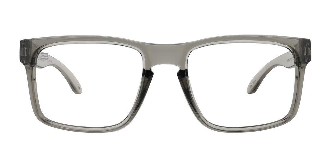 Front view of Stormy XL Z87+ safety eyewear showcasing clear lenses and gray frame on a white background