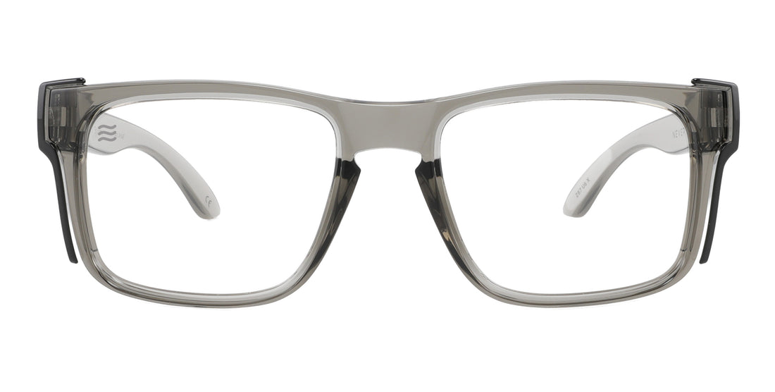 Front view of Stormy XL Z87+ safety eyewear showcasing gray frame and clear lenses on white background