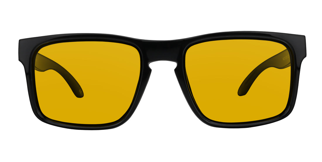 Front close-up of Amethyst XL Rx sunglasses in black gloss rectangular frame with yellow lenses on white background