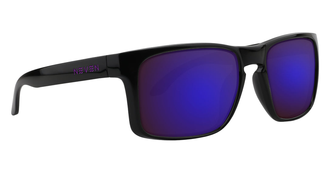 Close-up right view of Amethyst XL Rx sunglasses with glossy black frame and purple mirrored lenses on white background