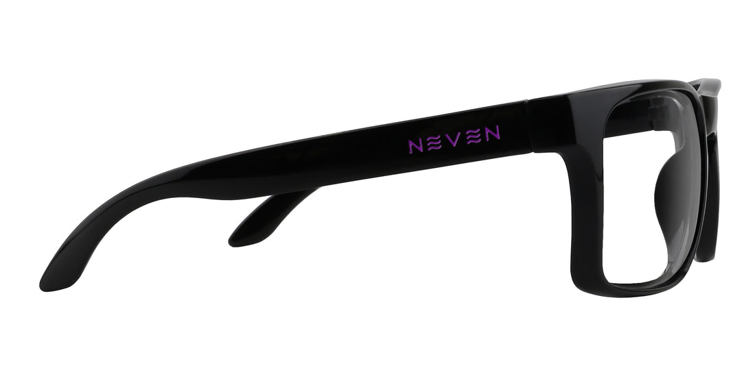 Side view of Amethyst XL prescription sunglasses showcasing black glossy XL frame and purple NEVEN logo on a white background