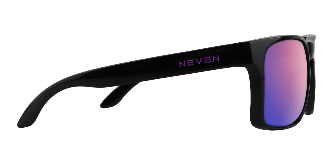 Side view of Amethyst XL sunglasses with glossy black frame, purple-pink mirrored lens and Neven logo on white background