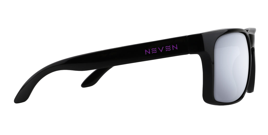 Close-up side view of Amethyst XL sunglasses with glossy black frame, purple NEVEN temple logo and silver lens on white