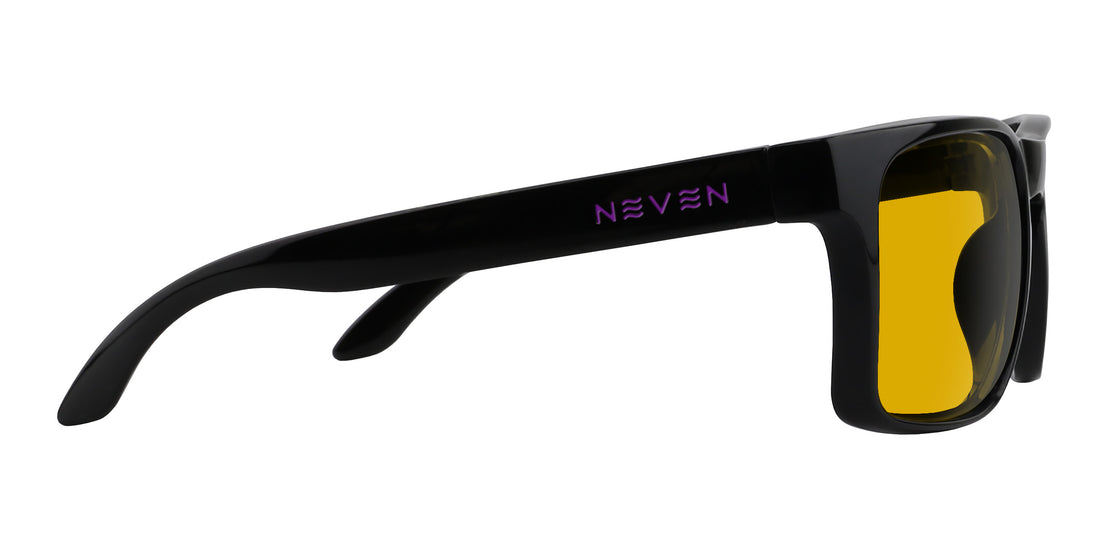 Side view of Amethyst XL prescription sunglasses with black gloss frame, purple Neven logo, yellow lens on white background