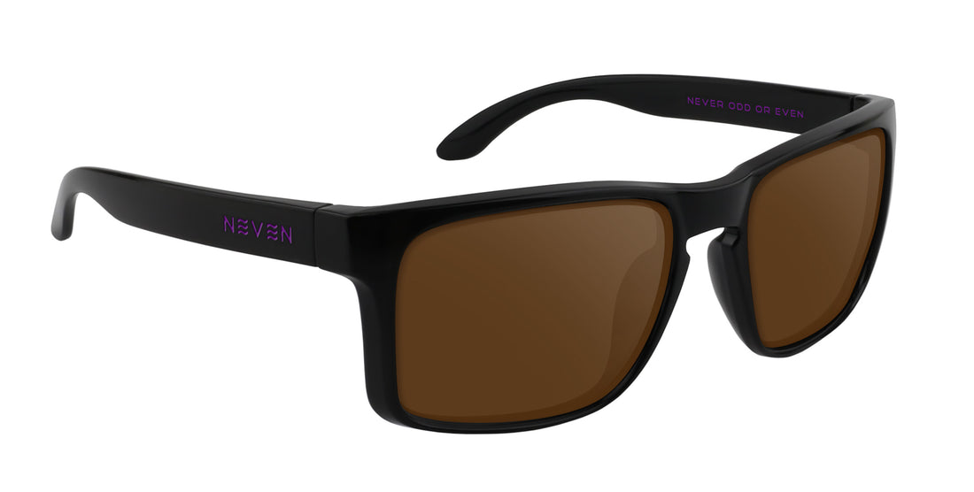Angled view of Amethyst XL prescription sunglasses showing black glossy XL rectangular frame and brown lenses