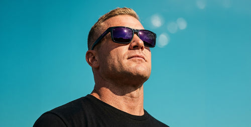 Man wearing sunglasses against a clear blue sky