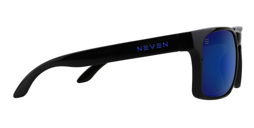Side close-up of Blue Steel XL sunglasses with black frame, blue polarized lenses and Neven logo on white background