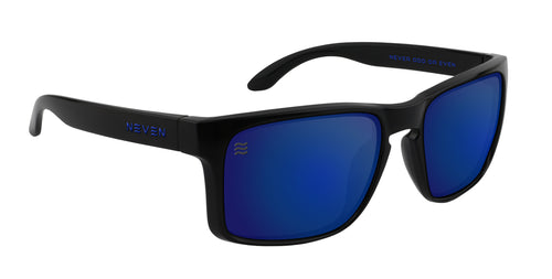 Three-quarter view of Blue Steel XL sunglasses showing glossy black XL rectangular frame and blue polarized lenses on white background
