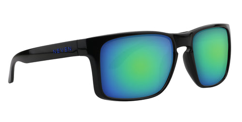 Black sunglasses with green and blue reflective lenses on a white background