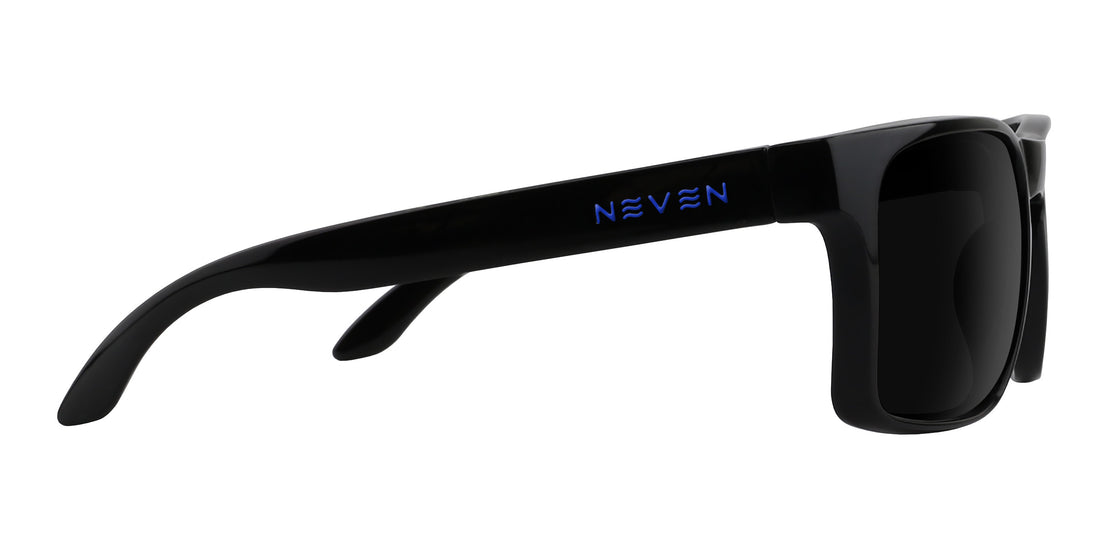 Side view of Blue Steel XL sunglasses with glossy black oversized rectangular frame and blue Neven logo on white background