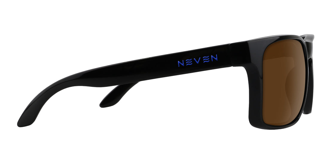 Side view of Blue Steel XL sunglasses showcasing glossy black oversized rectangular frame, brown lens and blue Neven logo on white background