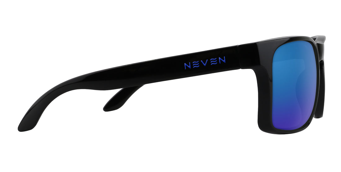 Side view of Blue Steel XL sunglasses showcasing glossy black oversized rectangular frame, blue mirrored lens and Neven logo
