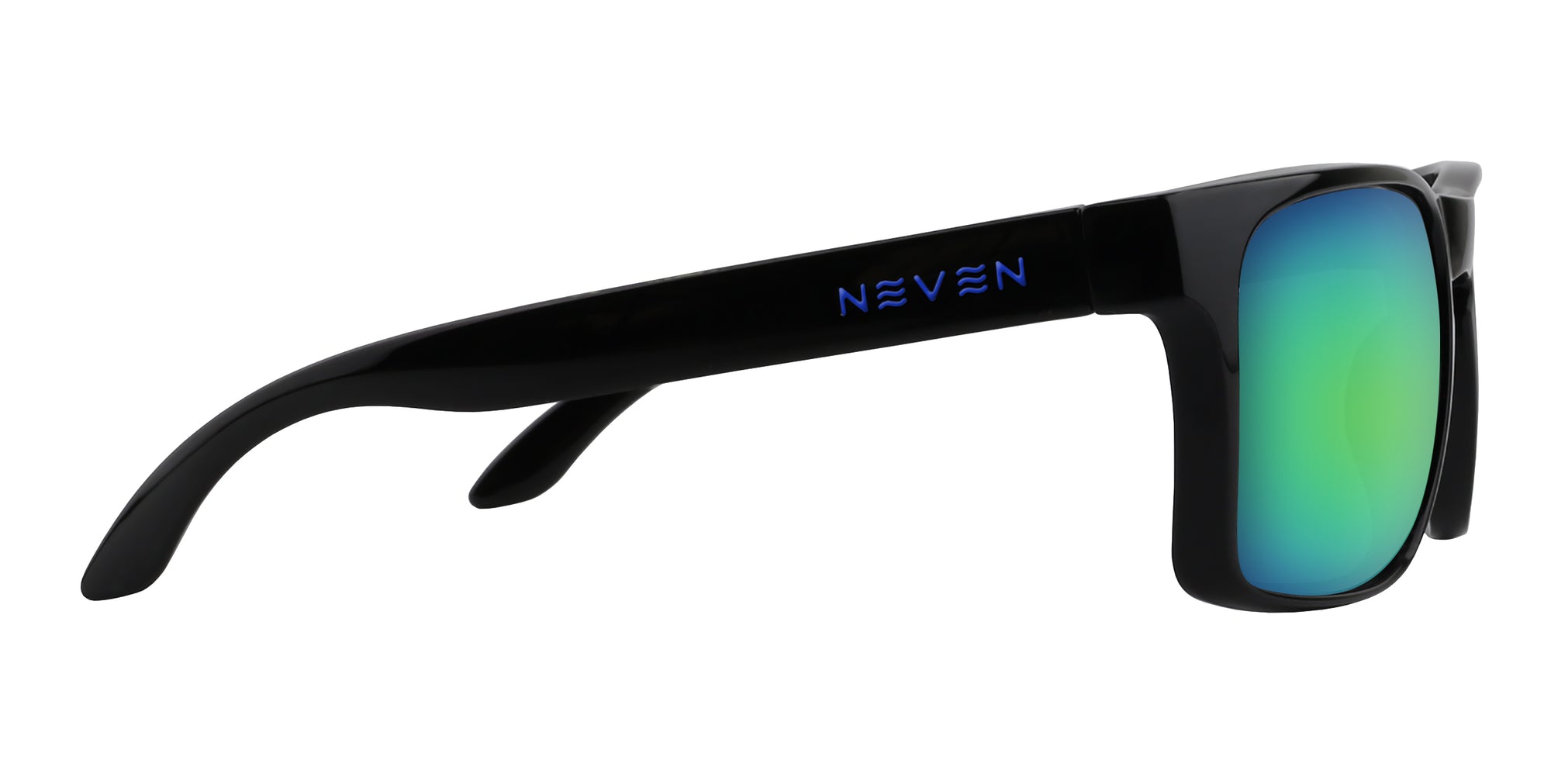 Black sunglasses with green reflective lenses on a white background