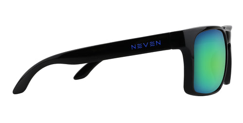 Black sunglasses with green reflective lenses on a white background