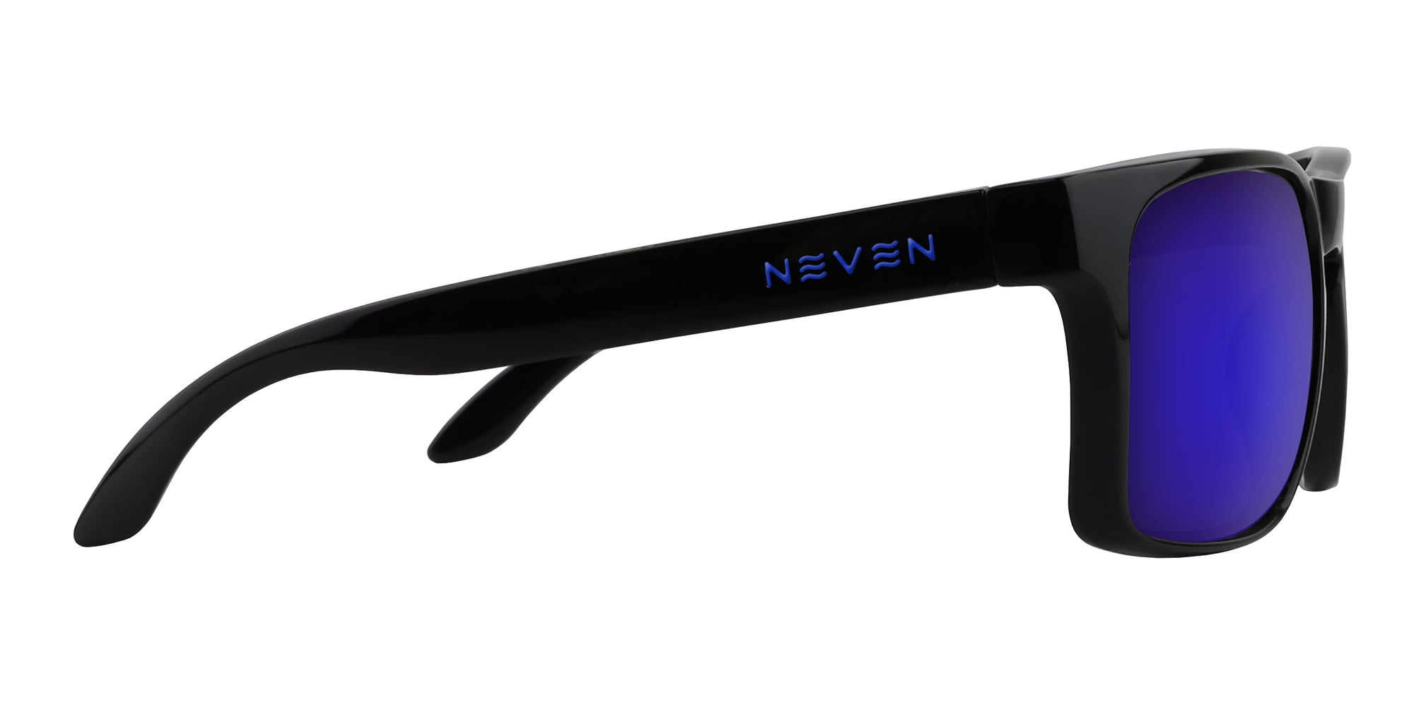 Black sunglasses with blue lenses on a white background