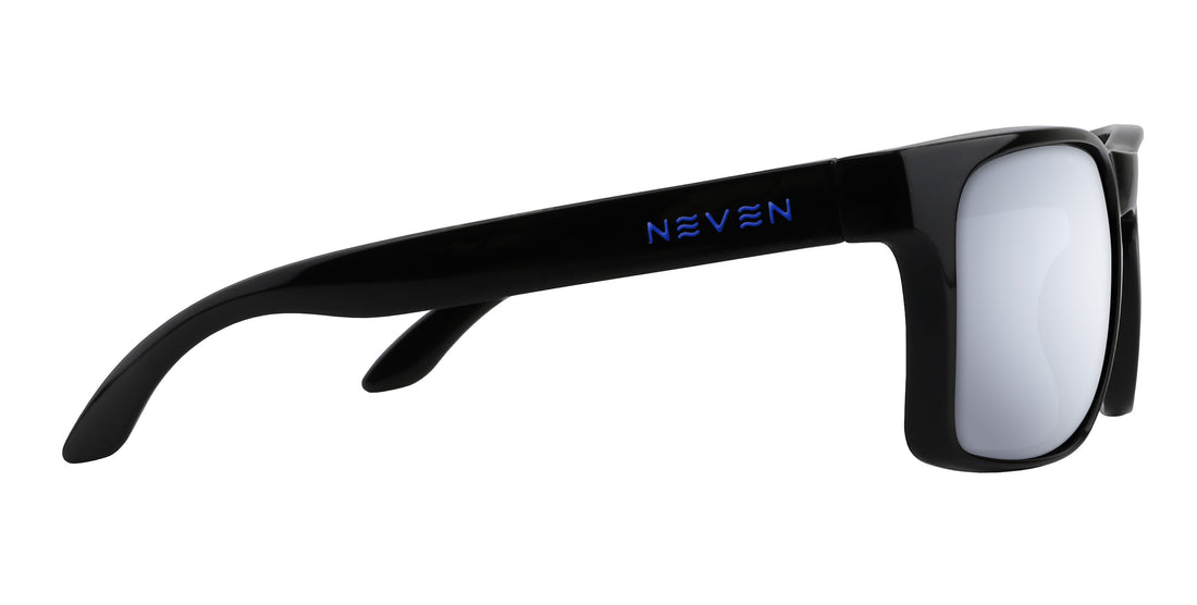 Right-side close-up of Blue Steel XL sunglasses showing glossy black TR90 frame, blue Neven logo and silver Rx lens on white