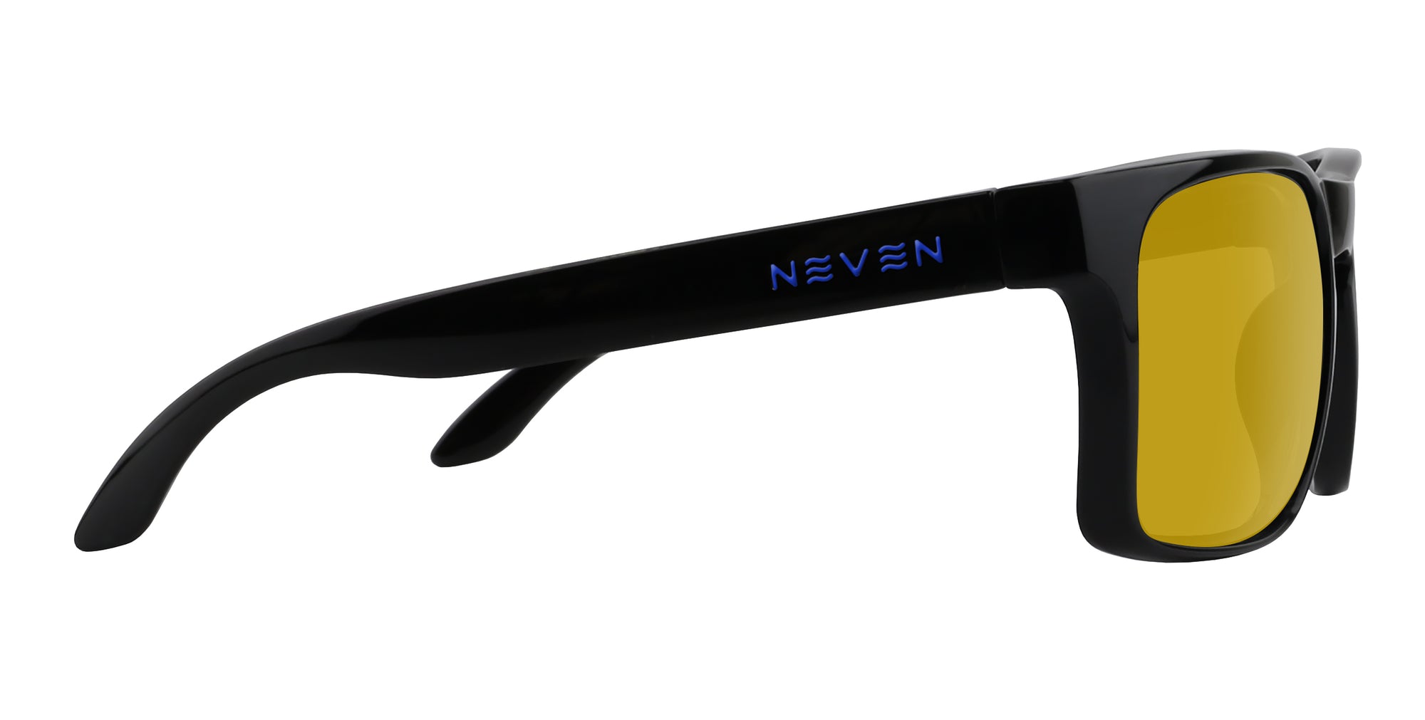 Black sunglasses with yellow lenses on a white background