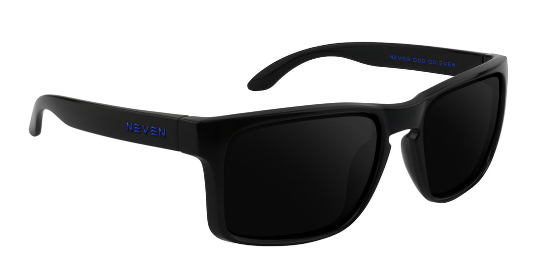 Three-quarter view of Blue Steel XL Rx sunglasses with glossy black rectangular frame, dark lenses and blue Neven logo