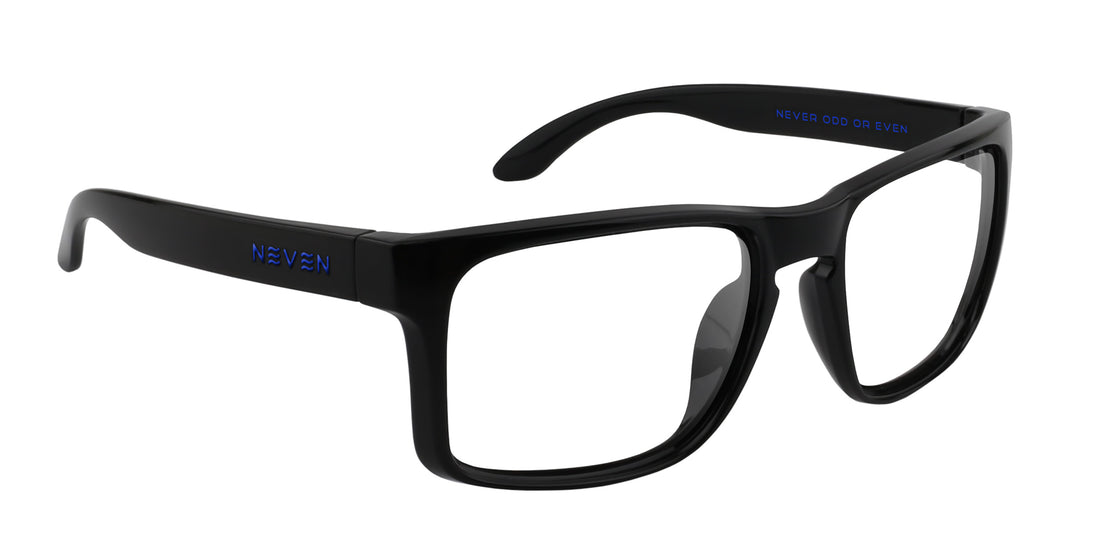Three-quarter close-up of Blue Steel XL prescription glasses showcasing glossy black oversized rectangular frame and blue Neven logo on temple on white background
