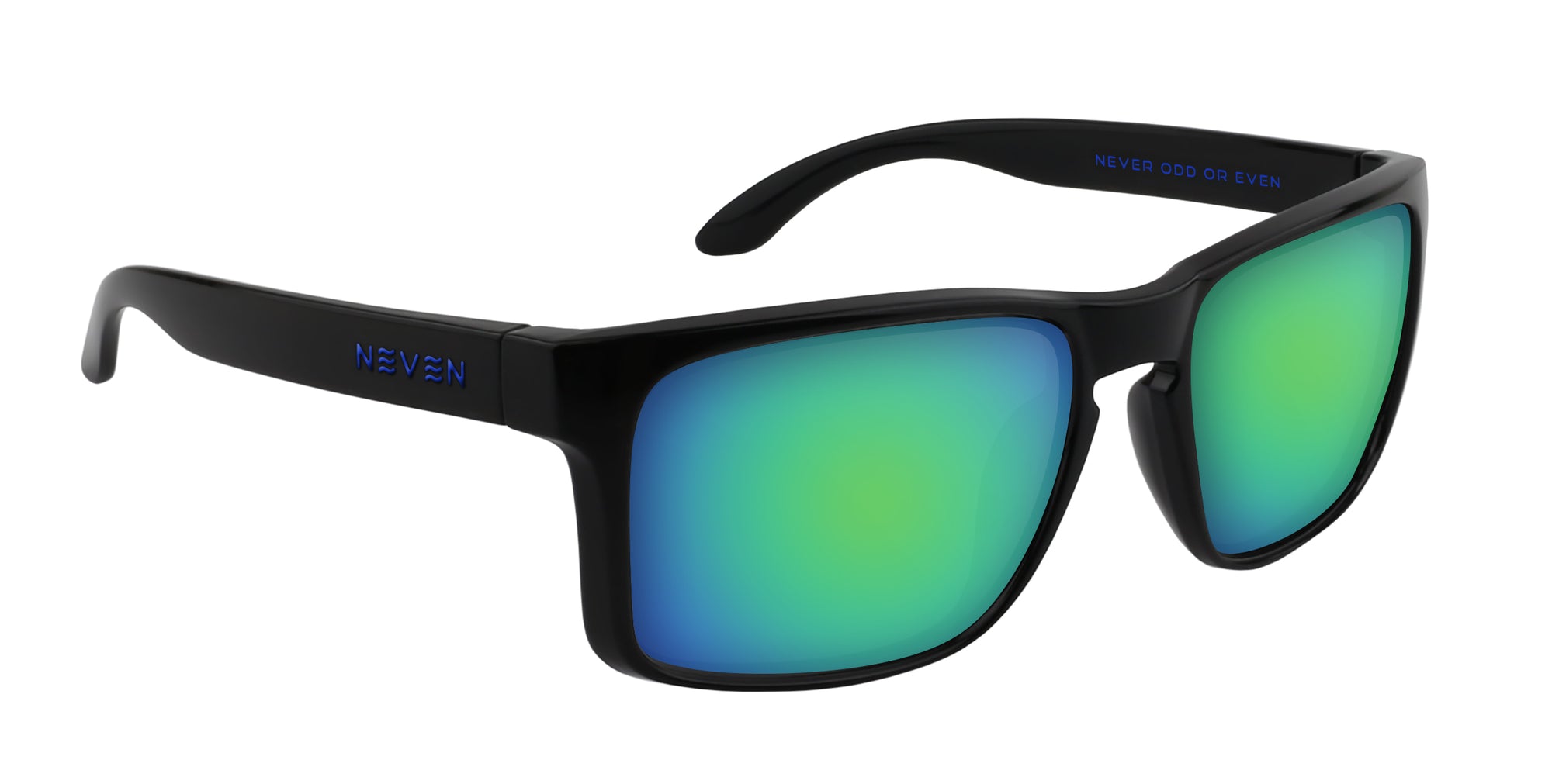 Sunglasses with green reflective lenses and black frame on a white background