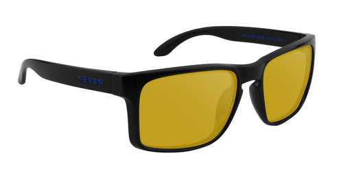 Sunglasses with black frame and yellow lenses on a white background