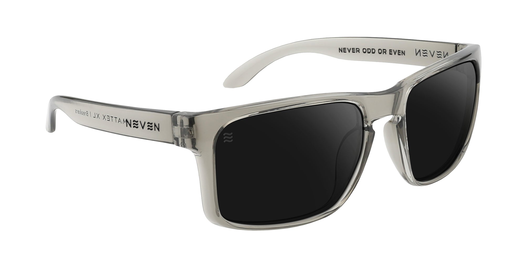 Three-quarter view of Breakers XL sunglasses showing glossy gray squared frame and black polarized lenses on white background