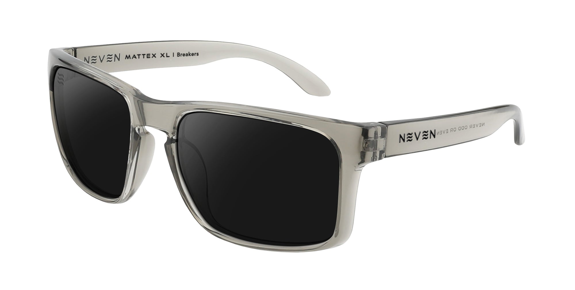 Three-quarter view of Breakers XL sunglasses showcasing glossy gray squared frame and black polarized lenses on white background