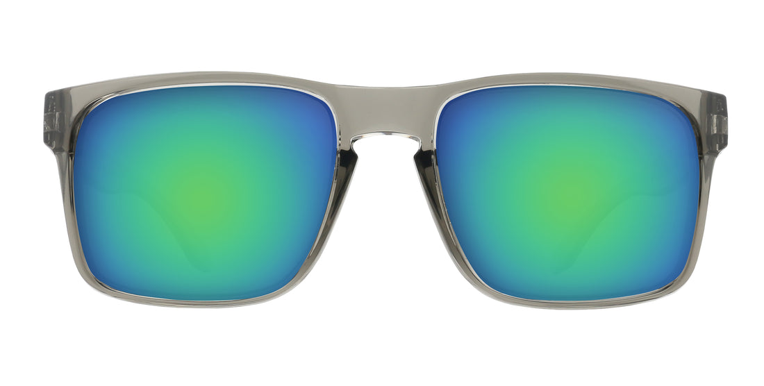 Front close up of Breakers sunglasses with transparent gray glossy frame and blue green mirrored prescription lenses