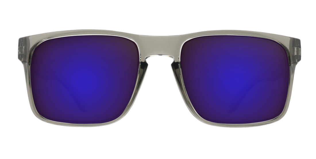 Front close-up of Breakers prescription sunglasses with transparent gray glossy rectangular frame and purple mirrored lenses