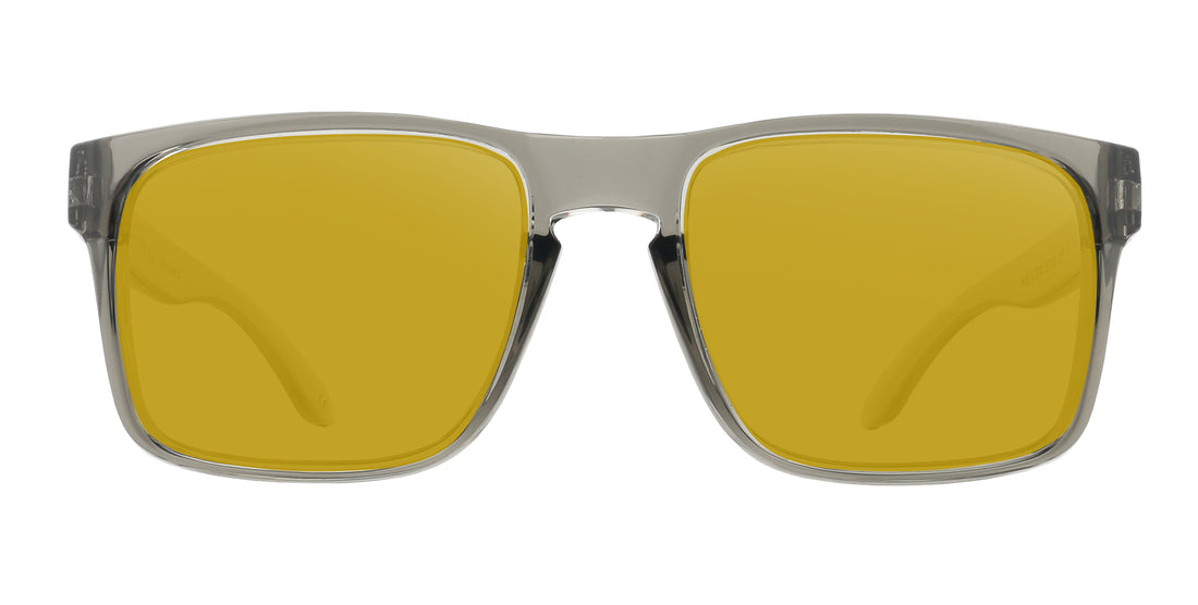 Front close-up of Breakers XL sunglasses showcasing transparent gray rectangular frame and yellow prescription lenses on white background