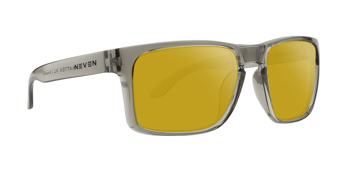 Close-up side view of Breakers prescription sunglasses showing transparent gray rectangular frame, quick-close hinge, and yellow lenses on white background