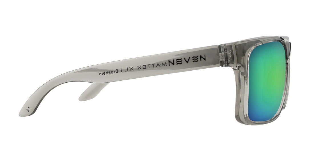 Side view of Breakers sunglasses with transparent gray glossy frame, quick-close hinge, and green-blue mirrored lens
