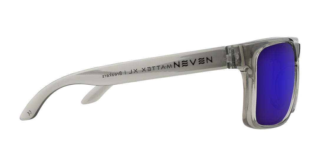 Side view of Breakers sunglasses showing transparent gray glossy frame, quick-close hinge, and blue mirrored lens