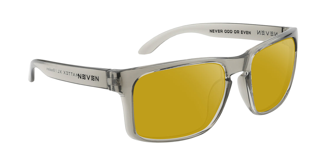 Angled close-up of Breakers prescription sunglasses showing transparent gray glossy rectangular frame, yellow lenses, and quick-close hinges on a white background