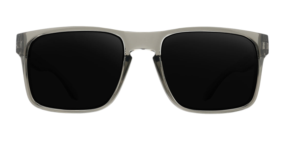 Front view of Breakers XL prescription sunglasses showcasing glossy gray squared translucent frame and black lenses on white background