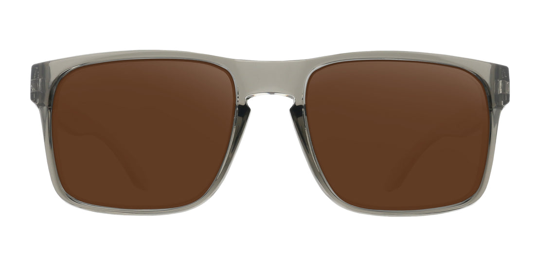 Front close-up of Breakers XL sunglasses showing glossy gray squared frame with brown prescription lenses on white background