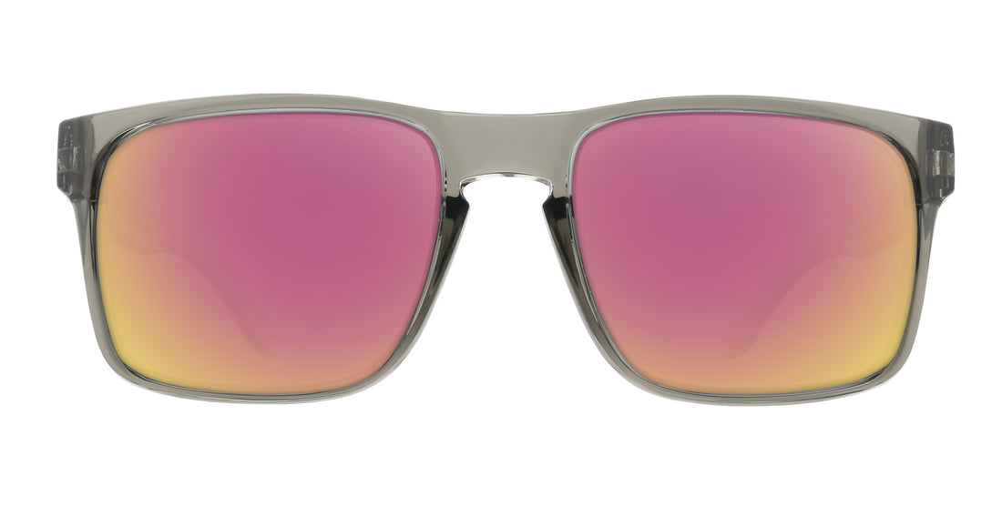 Front view of Breakers XL sunglasses showcasing translucent gray square frame and rose pink mirrored prescription lenses on white background
