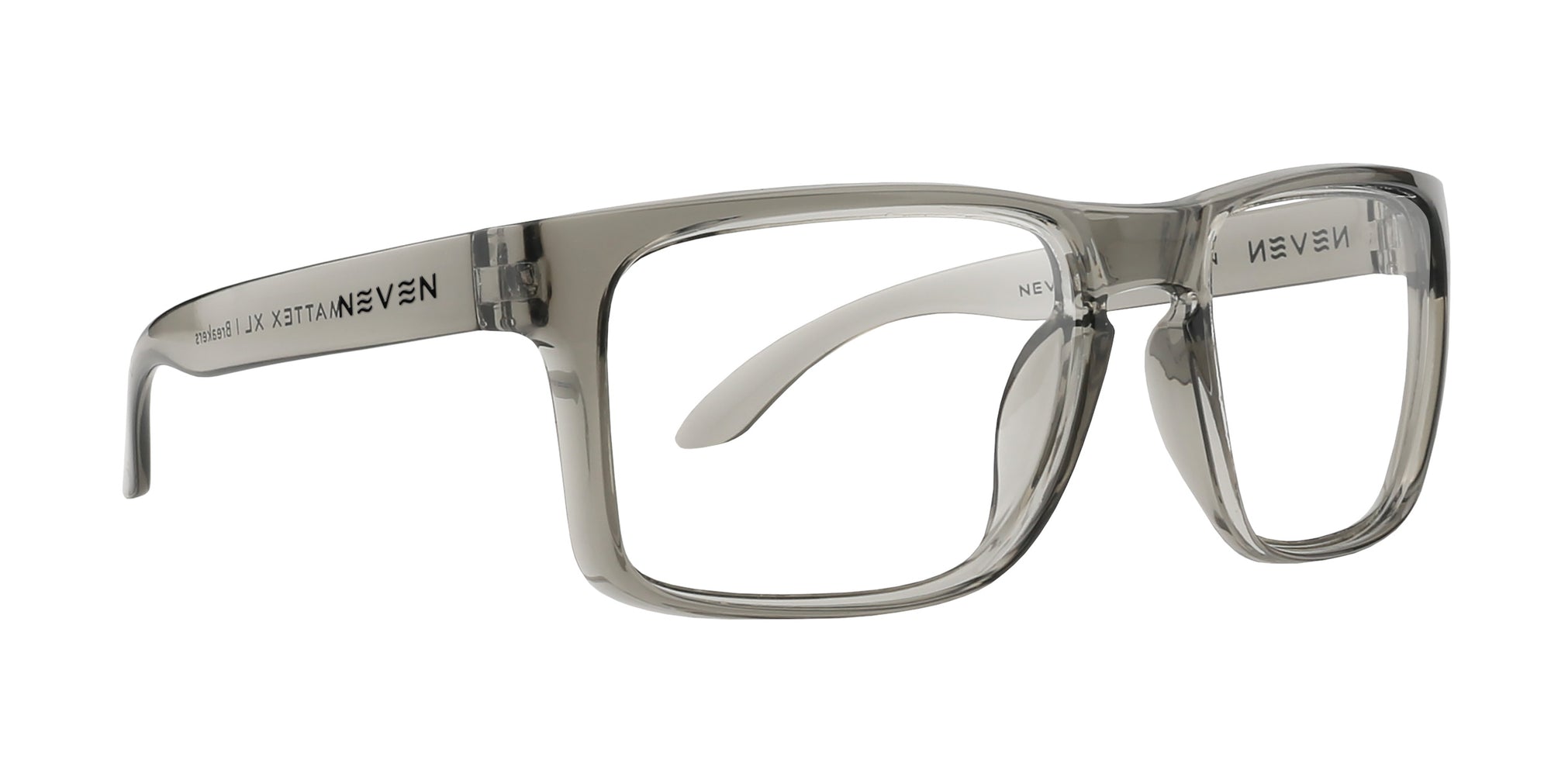 Gray rectangular eyeglasses with Neven branding on the side and clear lenses