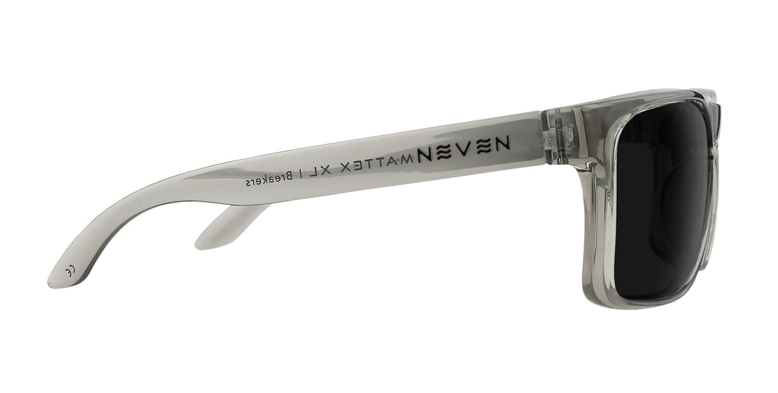 Side view of Breakers XL sunglasses showcasing translucent glossy gray rectangular frame and dark prescription lenses on white background