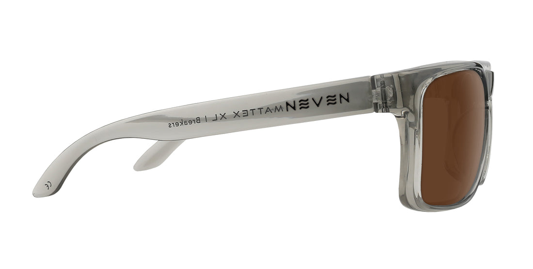 Side view of Breakers XL prescription sunglasses showcasing glossy gray squared frames and brown tinted lenses on a white background