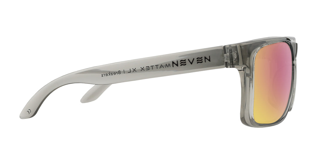Side view of Breakers XL sunglasses with glossy gray rectangular frame, rose-pink mirrored prescription lens and NEVEN MATTEX XL temple branding on white background