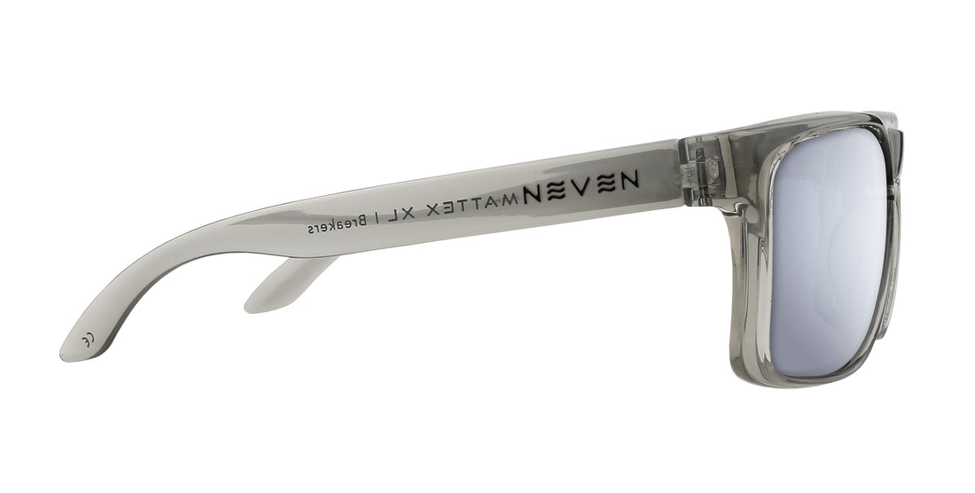 Side view of Breakers XL Rx sunglasses showing glossy gray translucent squared frame, mirrored lens, Neven logo on temple